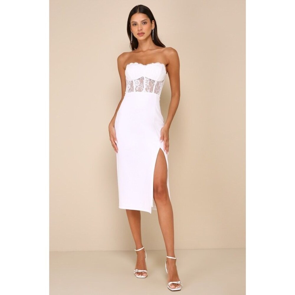 Lulus Exquisitely Sultry White Lace Strapless Bustier Midi Dress - Size M